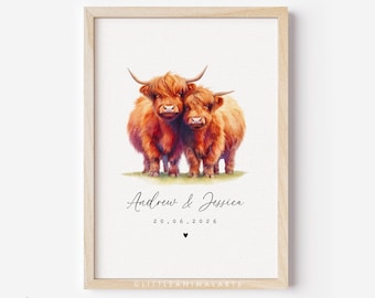 Highland Cow Couple Print • Personalised Valentines Day Anniversary Gift for Husband Wife • Cute Boyfriend Girlfriend Custom Wedding Artwork