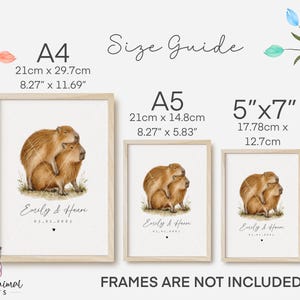 May include: Three framed prints with watercolour illustrations of capybaras. The prints are labelled A4 (21cm x 29.7cm), A5 (21cm x 14.8cm), and 5"x7" (17.78cm x 12.7cm). Each print includes the names "Emily & Henri" and a date. The text "FRAMES ARE NOT INCLUDED" is also visible.