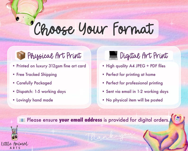 May include: An image with the text "Choose Your Format" above two options: "Physical Art Print" and "Digital Art Print." The physical print details include luxury fine art card and free tracked shipping. The digital print offers high-quality A4 JPEG and PDF files.