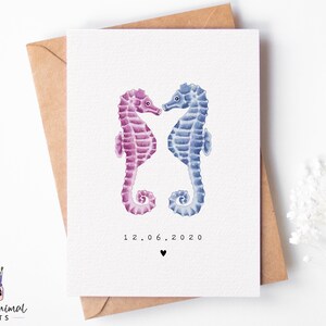 Verjaardagskaart zeepaardje | gepersonaliseerde aquarel zeepaardjekaart voor haar, Valentijnsdagkaart voor hem, oceaantrouwkaarten, tropisch