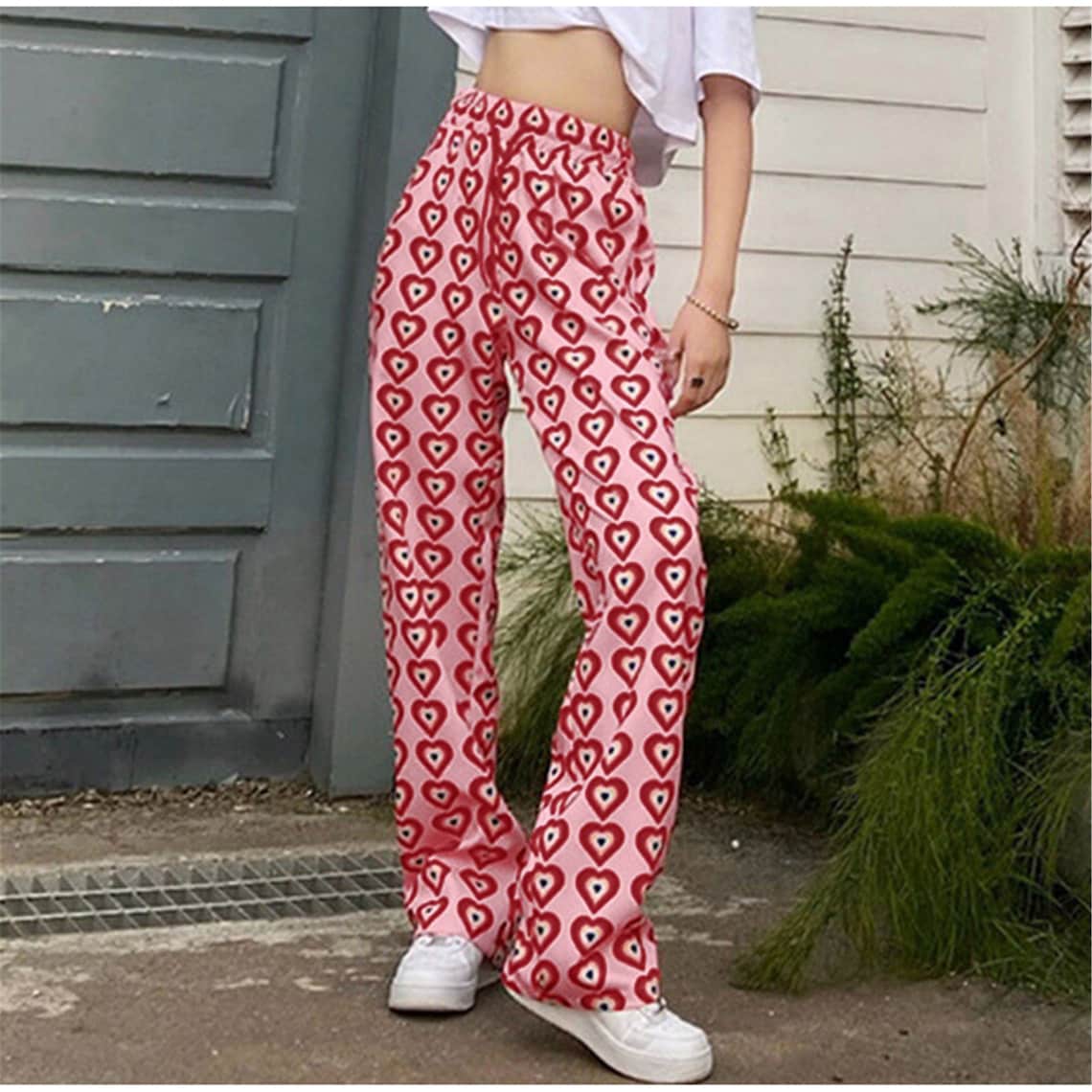 Y2K Pink Heart Printed Women's Pants Straight High Waist Etsy