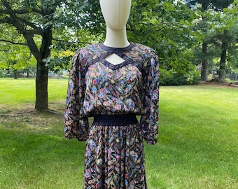 1980&#39;s Diane Freis Black Floral Dress