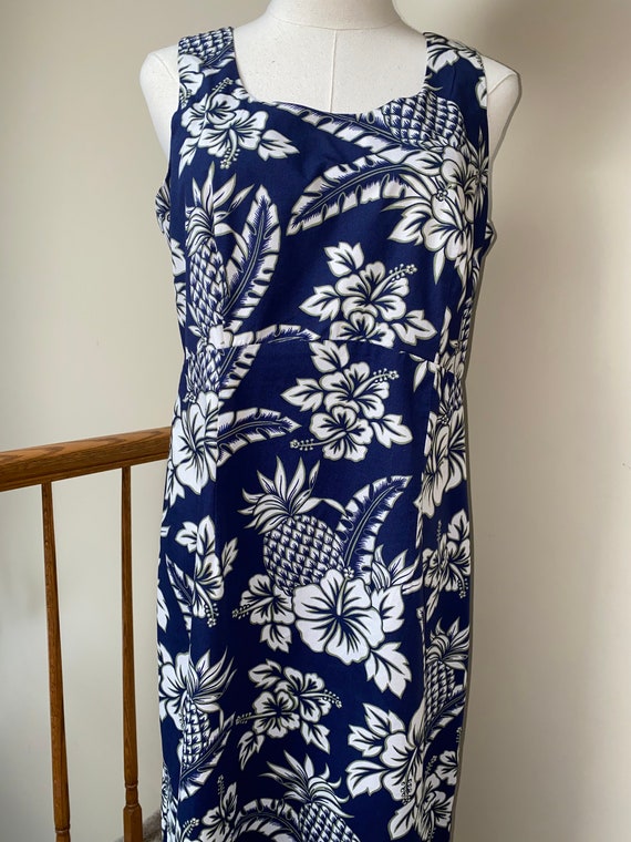 1990’s Hilo Hattie Blue/Ivory Cotton Dress - image 2