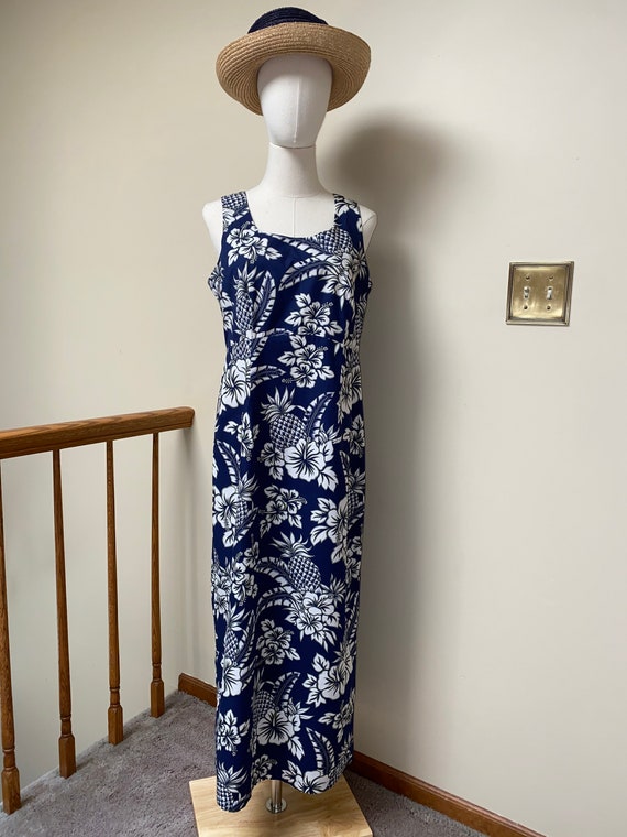 1990’s Hilo Hattie Blue/Ivory Cotton Dress - image 3