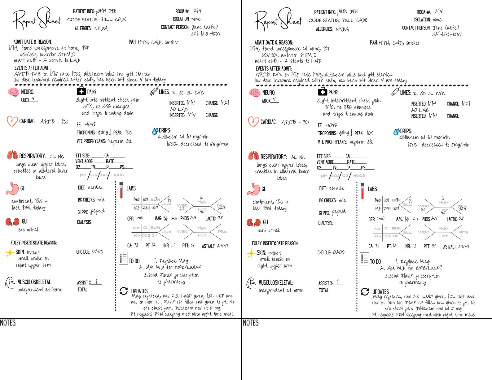 Two Patient ICU Nurse Shift Report Handoff Sheet | Etsy