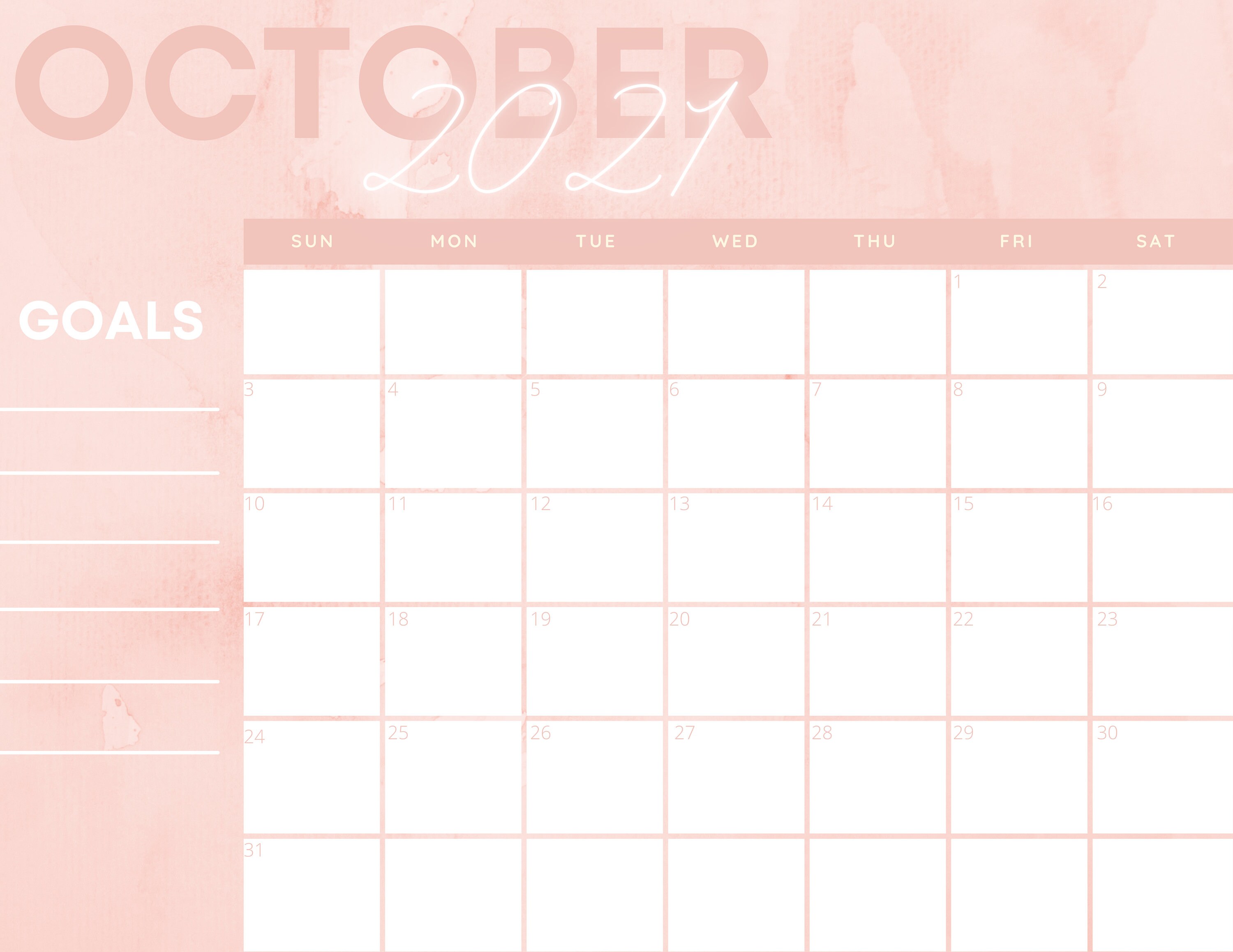 October 2021 Calendar Printable Pink Etsy