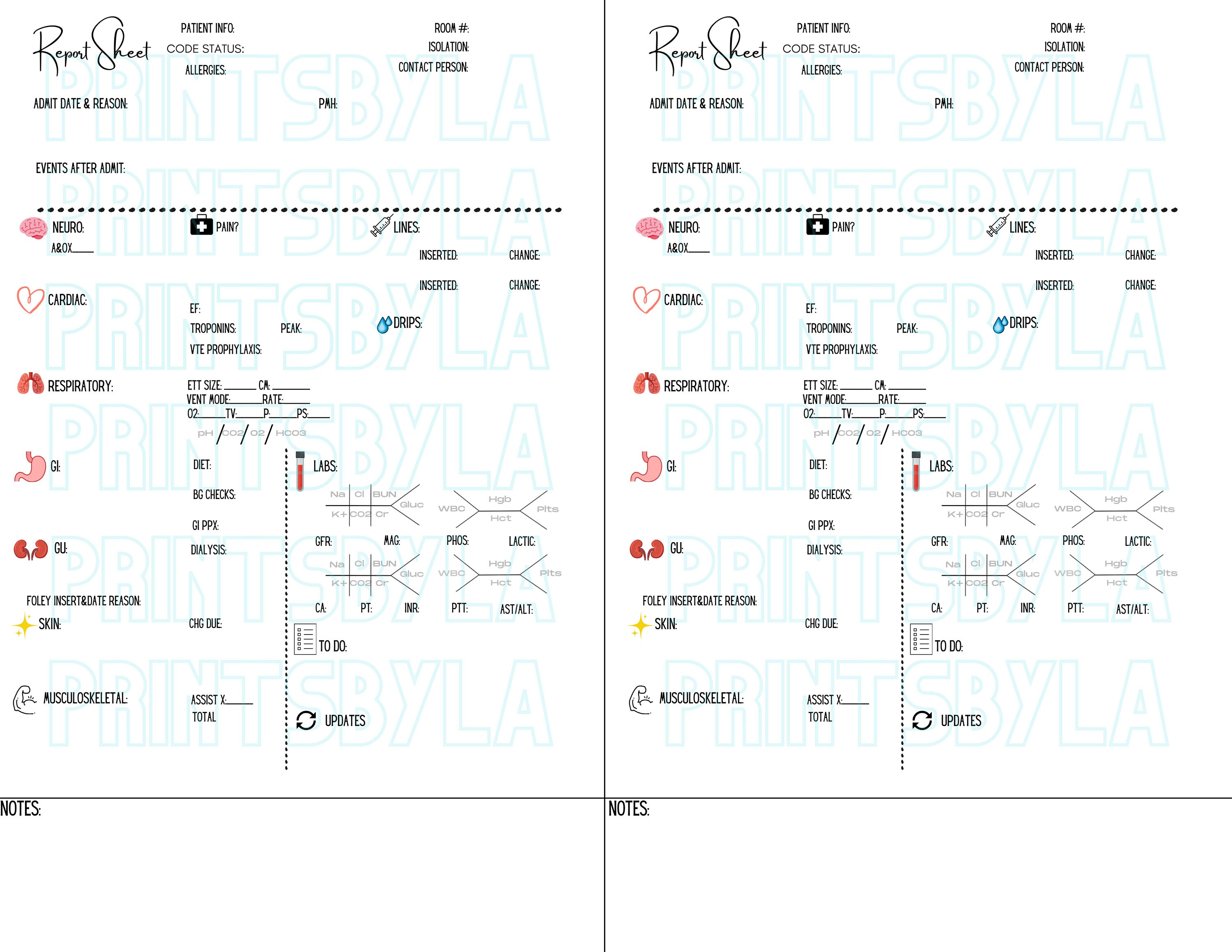 Two Patient ICU Nurse Shift Report Handoff Sheet | Etsy