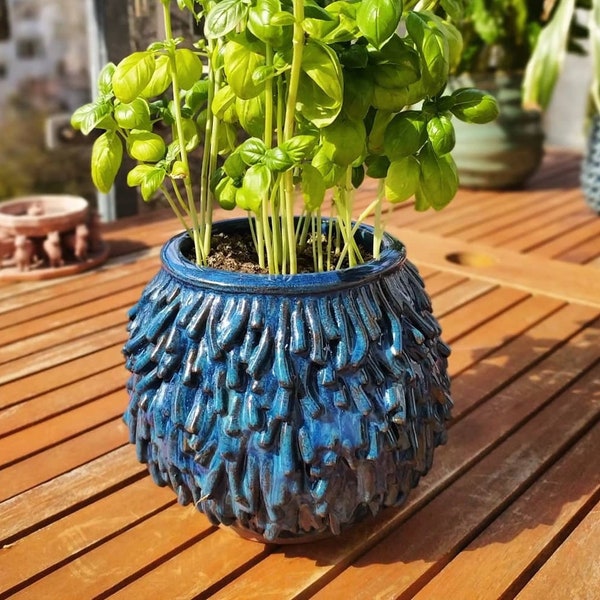 Zottel flower pot, unique piece, ceramic artwork fur planter handmade, blue turquoise glazed, design boho retro vintage mid century