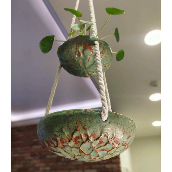 Corbeille de fruits suspendue avec structure melon - Oeuvre d’art en céramique - Monobloc - Corbeille suspendue de fruits, Feu de circulation, Boho turquoise vert