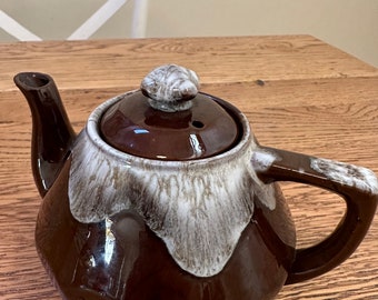 Vintage drip glaze teapot Japan brown white ceramic one cup  Retro Charm Tea for 1  decor cottage kitchen farmhouse gift