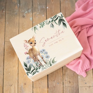 Caja de memoria personalizada para niños con cervatillo - regalo de bautismo regalo de nacimiento regalo de Navidad para niños caja de madera regalo de bebé