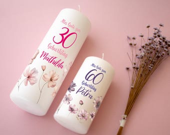 Personalized birthday candle with floral motif | Gift for 50th, 60th, 70th, 80th birthdays | Individual candle with name