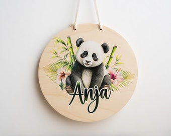 Name tag children's room with panda | Door sign wooden sign baby room baby boy girl personalized gift birth birthday