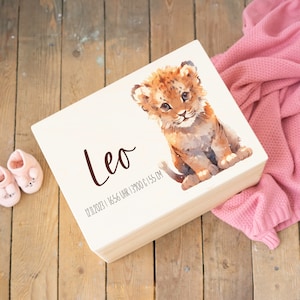 Caja de recuerdos personalizada para bebés león - regalo de bautizo, regalo de nacimiento, regalo de Navidad para niños, caja de madera, regalo para bebé