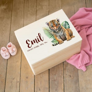Personalisierte Erinnerungskiste für Babys Tiger - Taufgeschenk Geburtsgeschenk Weihnachtsgeschenk für Kinder Holzkiste Baby Geschenk