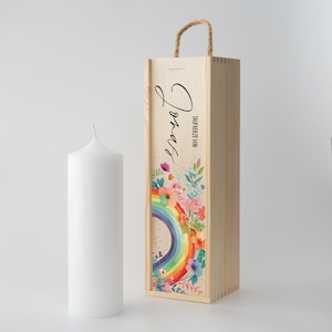Personalized wooden box for storing the baptismal candle, communion candle, confirmation candle with rainbow baptismal gift