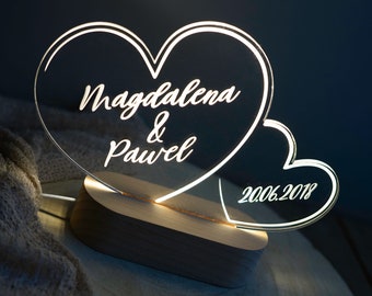 Gepersonaliseerde acryllamp met twee hartjes, twee namen en de datum | Nachtlampje, Valentijnsdagcadeau, huwelijksgeschenk