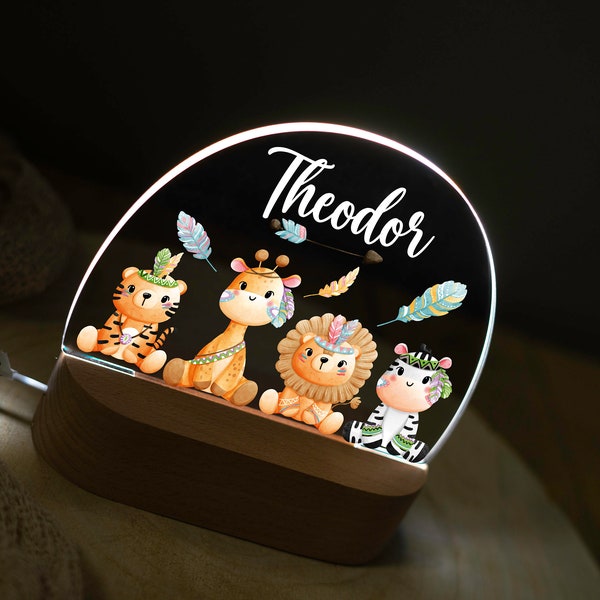 Lampe de nuit magique en acrylique pour enfants avec animaux | Girafe Zèbre Tigre Lion Veilleuse Personnalisée