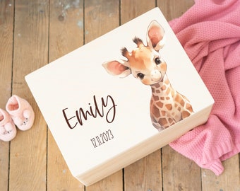 Scatola dei ricordi personalizzata per neonati con giraffa - regalo di battesimo, regalo di nascita, regalo di Natale per bambini, scatola di legno, regalo per bambini