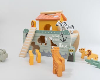 Arche Noah personalisiert , Taufgeschenk mit Name und Datum | Geschenk zur Taufe & Geburt | Babygeschenk | Steckspiel aus Holz