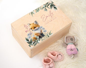 Scatola dei ricordi personalizzata per bambini con volpe - regalo battesimo, regalo nascita, regalo Natale per bambini, scatola in legno, regalo per neonati