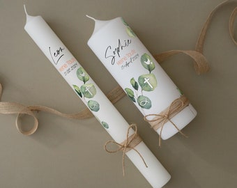 Personalisierte Taufkerze Kommunionkerze Firmungskerze  für Jungen oder Mädchen mit Eukalyptus | Taufekerze Taufgeschenk Patenkerzen Firmung