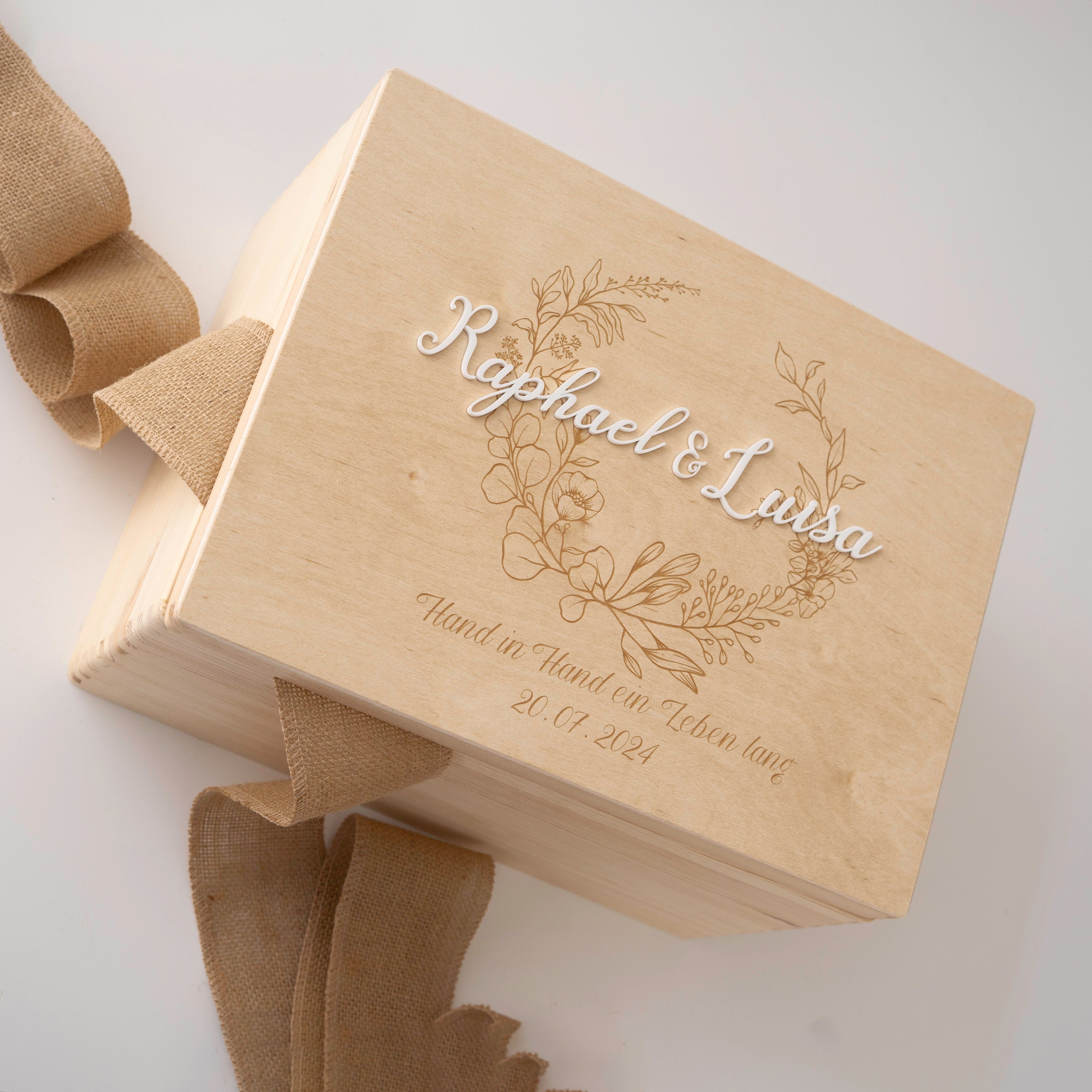 Scatola dei ricordi in legno con motivo botanico personalizzato per matrimoni, idea regalo di nozze, location personalizzata, nomi, cognome e data