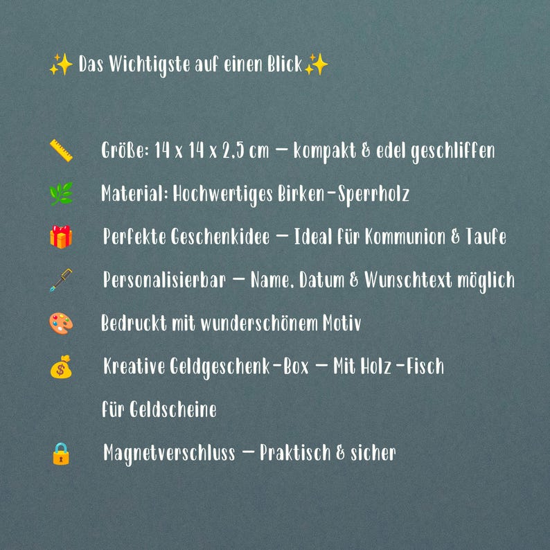Peut inclure: Fond teal avec texte blanc d&eacute;crivant une bo&icirc;te cadeau. Le texte comprend les dimensions de 14 x 14 x 2,5 cm, le mat&eacute;riau et des caract&eacute;ristiques telles que la personnalisation et une fermeture magn&eacute;tique. La bo&icirc;te est con&ccedil;ue pour les cadeaux d'argent.