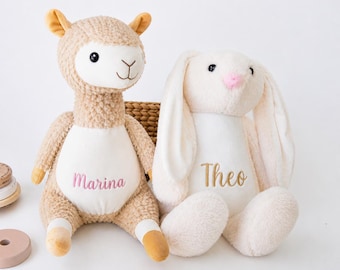 Personalized cuddly toy alpaca or rabbit embroidered with name, baby gift for birth or christening, plush toy with zipper