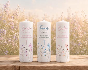 Personalized christening candle, communion candle & confirmation candle with a flower meadow | Christening candle for girls or boys | Christening gift, godparent candle