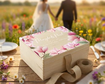 Erinnerungskiste Hochzeit Personalisiert - Magnolien | Erinnerungskiste Holzkiste personalisiert mit Blumen | Andenken Brautpaar