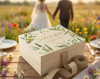Erinnerungskiste Hochzeit Personalisiert - mit Olivenzweigen| Erinnerungskiste Holzkiste personalisiert mit Blumen | Andenken Brautpaar