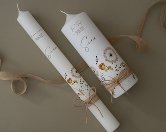 Gepersonaliseerde communiekaars, doopkaars, vormselkaars voor jongens of meisjes met paardenbloemen | Doopcadeau, kaarsen voor peetouders, vormsel