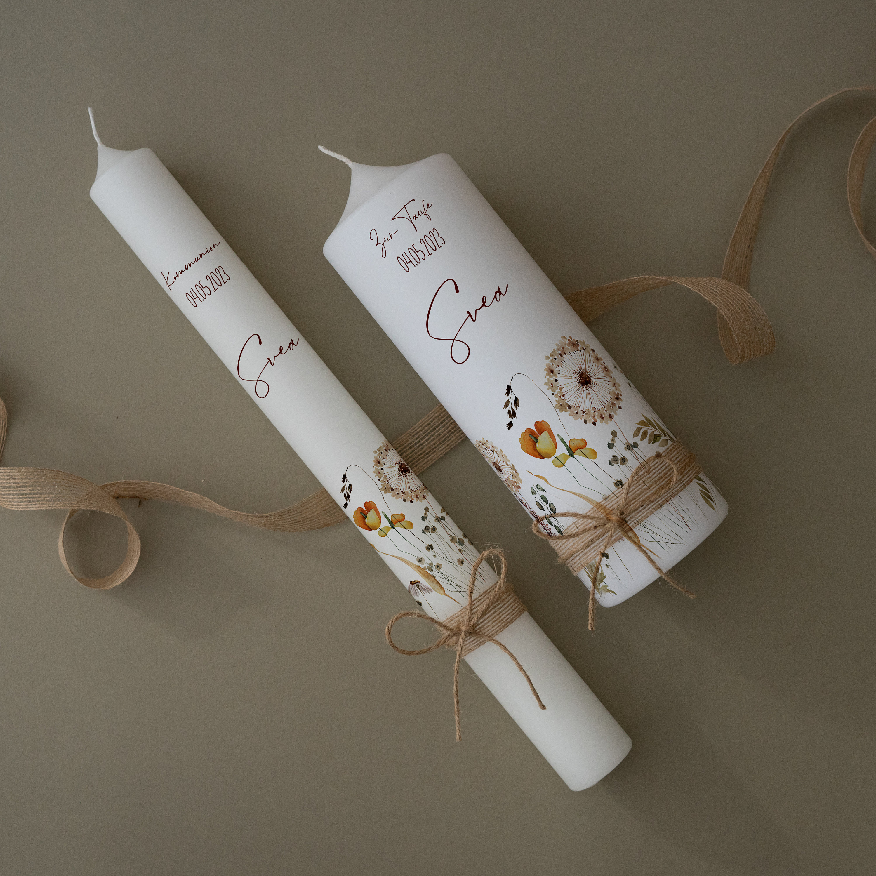 Bougie personnalisée pour baptême et communion avec motif pissenlit