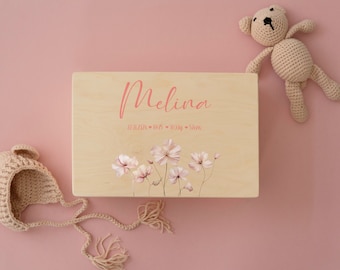 Personalisierte Erinnerungskiste für Kinder Blumen - Taufgeschenk Geburtsgeschenk Weihnachtsgeschenk für Kinder Holzkiste Baby Geschenk