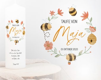 Personalisierte Taufkerze Kommunionkerze Firmungskerze  für Jungen oder Mädchen mit Bienen und Blumen | Taufgeschenk Patenkerzen Firmung