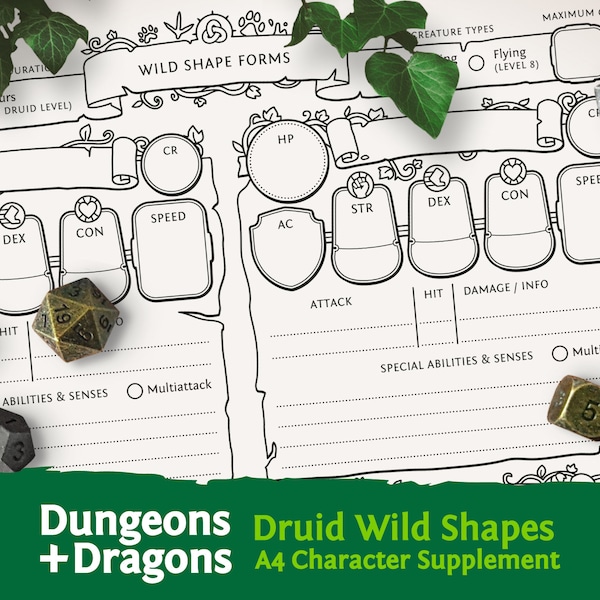 D&D 5e Druid Wild Shapes : feuille de personnage A4 au format PDF compatible avec la cinquième édition de Donjons et Dragons - Mythbound