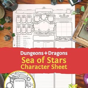 May include: A Dungeons & Dragons Sea of Stars character sheet printed on white paper with black ink. The document features sections for character name, class, level, ability scores, hit points, and skill proficiencies, all organized in a grid layout.