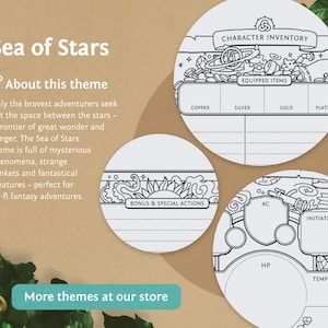 May include: A printable character sheet for a tabletop role-playing game with a space theme. The sheet features a circular design with illustrations of stars, planets, and spaceships. The sheet includes sections for character inventory, equipped items, bonus and special actions, armour class, initiative, hit points, and temporary hit points.