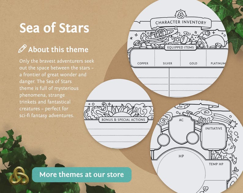 May include: A printable character sheet for a tabletop role-playing game with a space theme. The sheet features a circular design with illustrations of stars, planets, and spaceships. The sheet includes sections for character inventory, equipped items, bonus and special actions, armour class, initiative, hit points, and temporary hit points.