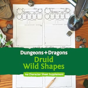 May include: A white paper Dungeons and Dragons Druid Wild Shapes A4 character sheet supplement with black ink outlines, featuring empty fields for stats, abilities, and notes, surrounded by polyhedral dice, a quill, and a green book.