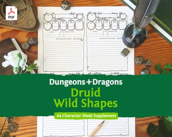 DnD 5e Druid Wild Shapes: A4 Character Sheet PDF compatible with fifth edition Dungeons and Dragons - Mythbound