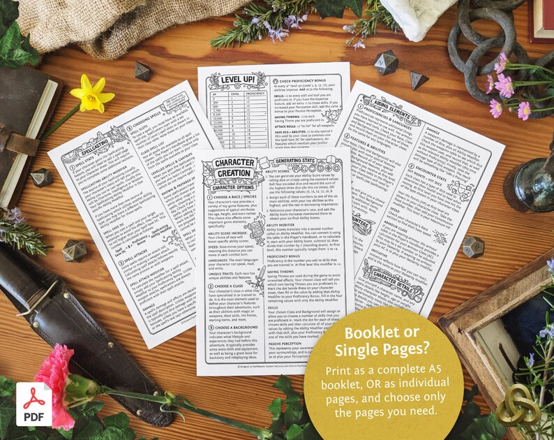 K&ouml;nnte beinhalten: Ein Satz druckbarer Charaktererstellungsb&ouml;gen f&uuml;r ein Tabletop-Rollenspiel. Die B&ouml;gen sind in Schwarzwei&szlig; mit einem mittelalterlichen Design gehalten. Der Text auf den B&ouml;gen umfasst "Charaktererstellung", "Levelaufstieg", "R&uuml;stungselemente" und "Generierung von Werten".