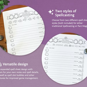May include: Two printable spell sheets for Dungeons and Dragons roleplaying games. The sheets are designed for traditional spellcasting and pact magic. The sheets have spaces for spell name, level, spell slots, casting time, range, components, and other details.