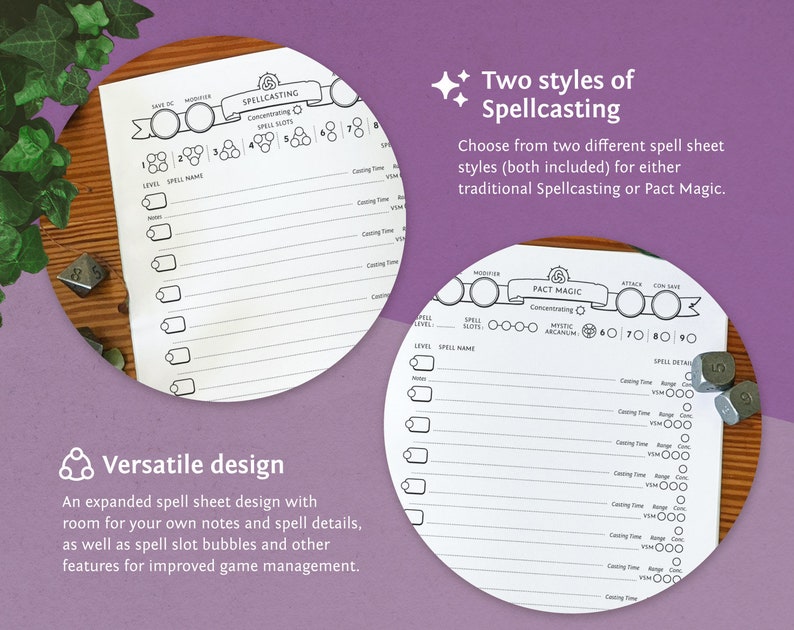 May include: Two printable spell sheets for Dungeons and Dragons roleplaying games. The sheets are designed for traditional spellcasting and pact magic. The sheets have spaces for spell name, level, spell slots, casting time, range, components, and other details.