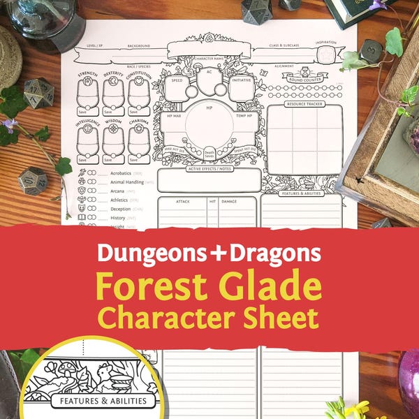 DnD 5e Character Sheet: Forest Glade PDF compatible with fifth edition Dungeons and Dragons and 5.5e - Mythbound