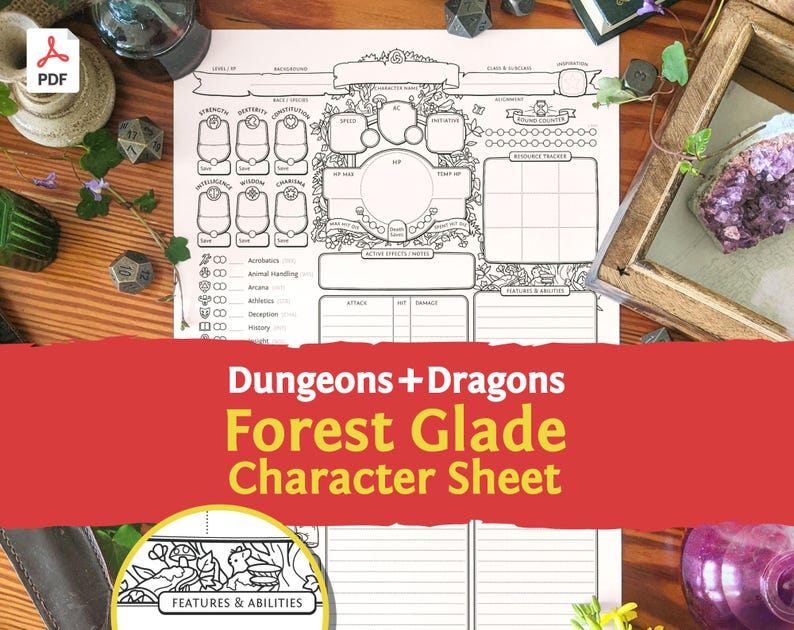 Pu&ograve; includere: Una scheda del personaggio di Dungeons and Dragons su carta bianca con disegni a linee nere raffiguranti motivi floreali e boschivi. La scheda include sezioni etichettate per nome, punteggi di abilit&agrave;, punti ferita e competenze, con il testo Dungeons + Dragons Forest Glade Character Sheet.