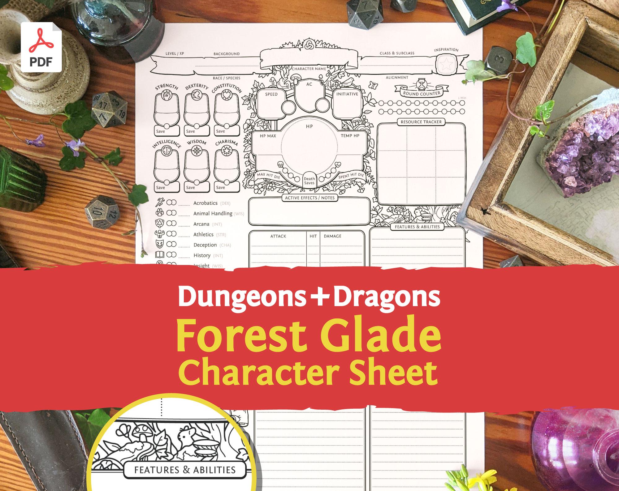 DnD 5e karaktärsblad: Forest Glade PDF kompatibel med femte upplagan av Dungeons and Dragons och 5.5e - Mythbound
