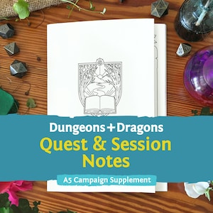 以下が含まれることがあります： Dungeons + Dragons Quest & Session Notes A5 Campaign Supplementというタイトルの白い小冊子。表紙には、木々と山々が描かれた盾の形の中に開いた本が黒い線画で描かれています。テキストは白と黄色で印刷されています。