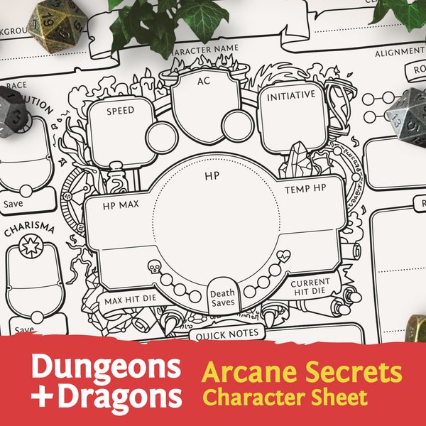 DnD 5e Character Sheet: Arcane Secrets PDF compatibel met vijfde editie Dungeons and Dragons - Mythbound